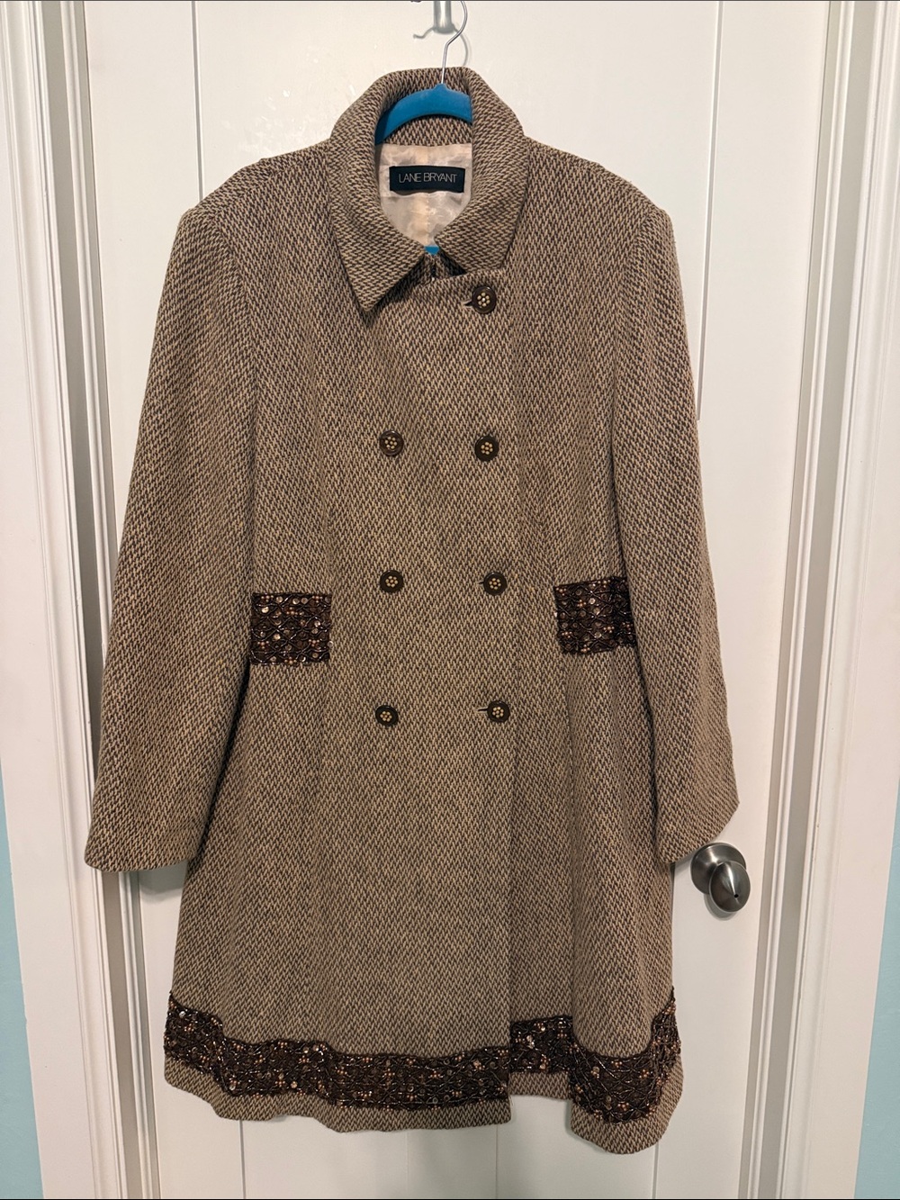 Lane Bryant Tan Tweed Double-Breasted Herringbone Pea Coat With Sequins